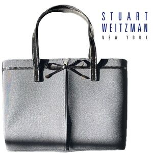 Stuart Weitzman Navy Blue Crepe “Littlebow” Patent Leather Tote Handbag Satchel